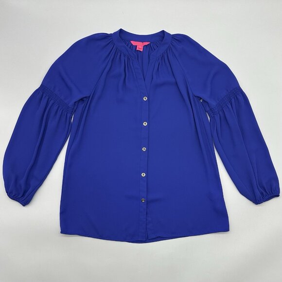 Lilly Pulitzer Anela Size XXS Royal Blue Chiffon Long Sleeve Button Up Blouse - Picture 1 of 10